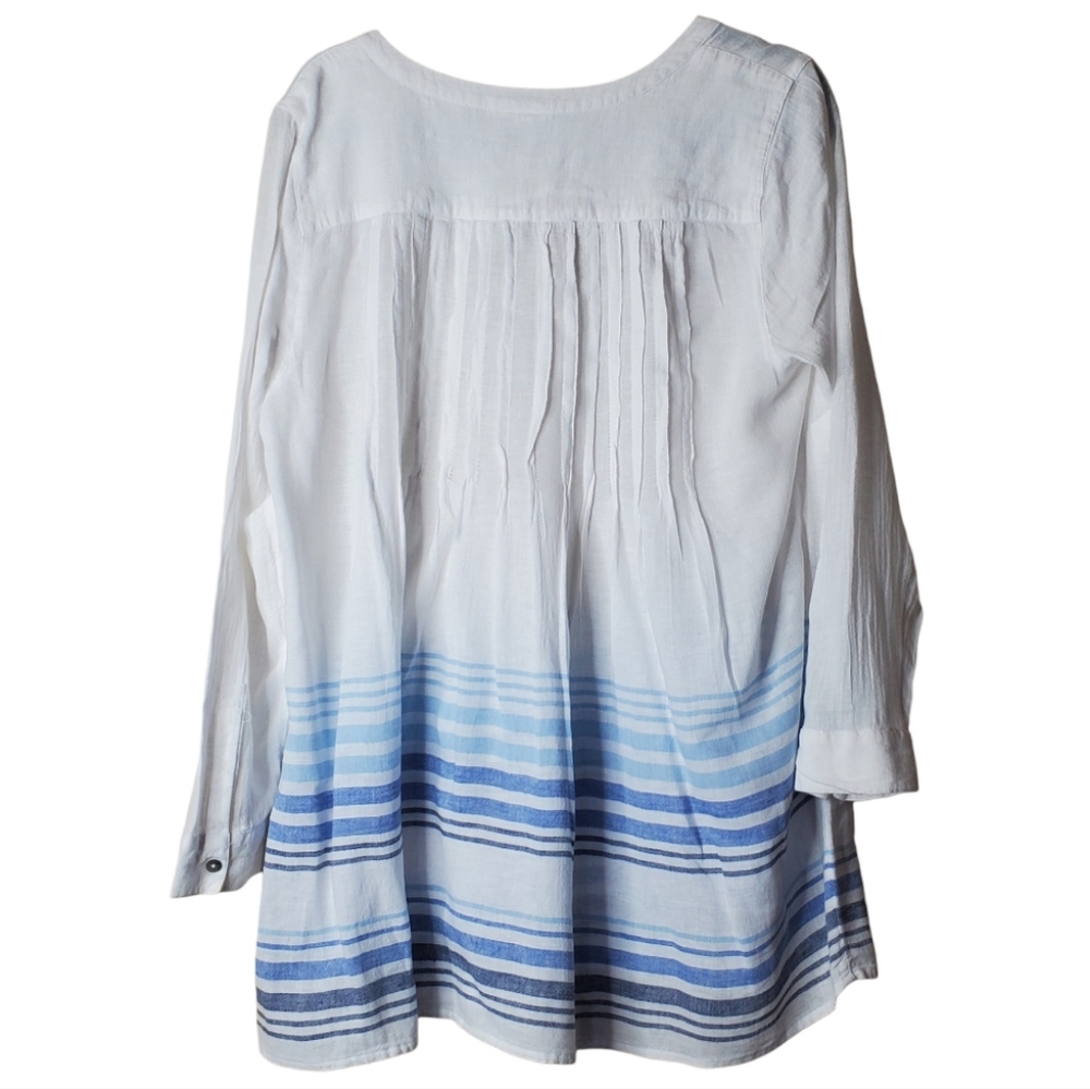 J. Jill Linen Blend Tunic Blouse White blue Ombre Stripe Petite Large Co… - Picture 2 of 10